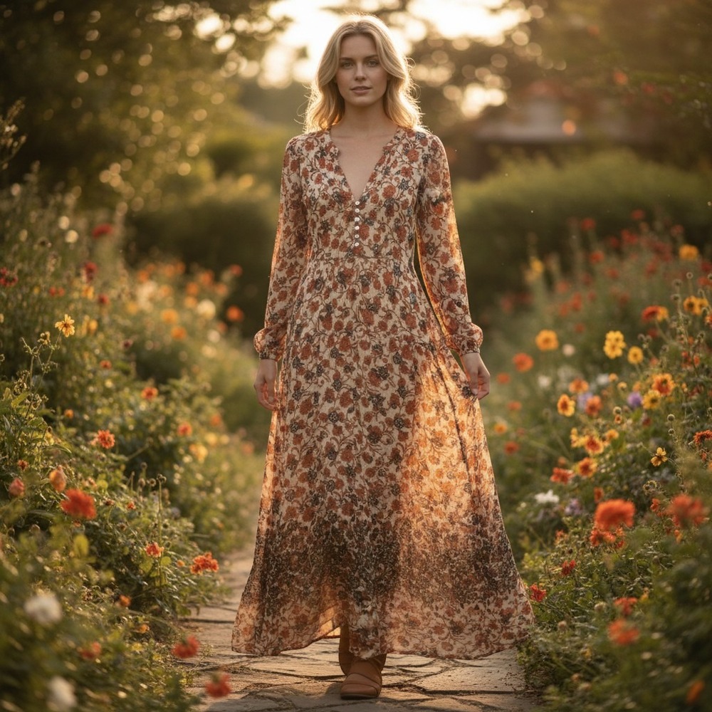Free People S See It Through Floral Long Sleeve Tiered Maxi Dress Boho Chic Fall